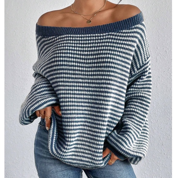 Cozy Striped oversized Balloon Sleeve Sweater Top - Picture 2 of 4